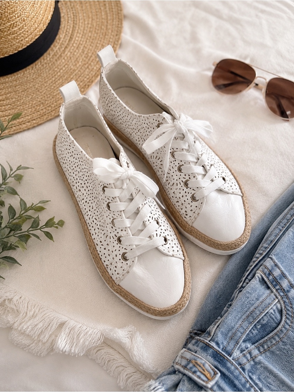 Women's White Perforated Lace-Up Espadrille Sneakers